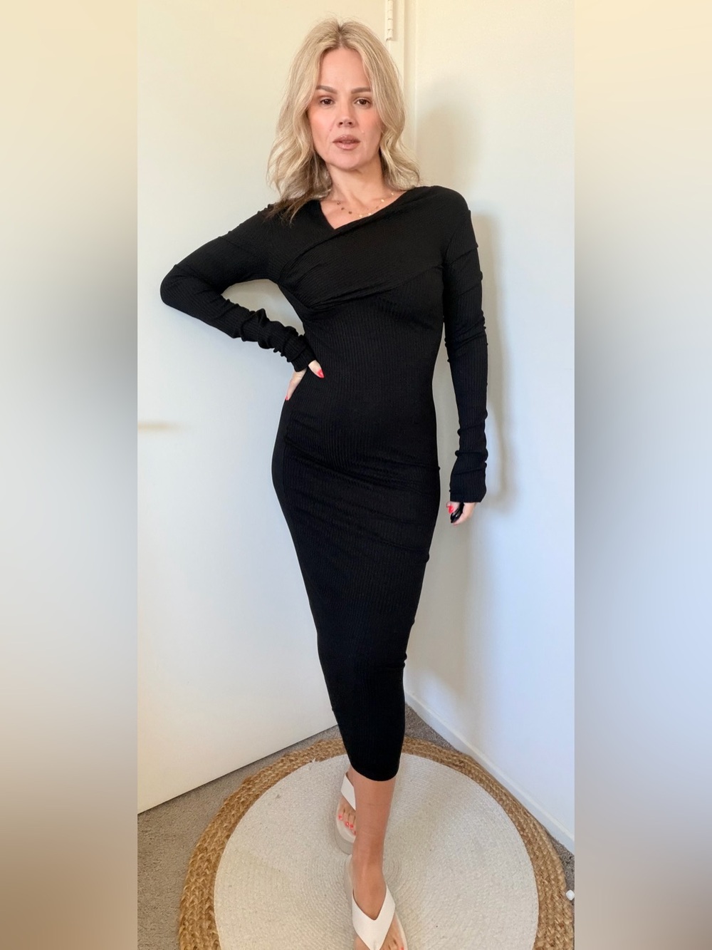Enza Costa Viscose Rib Asymmetrical Wrap Midi Dress in Black
